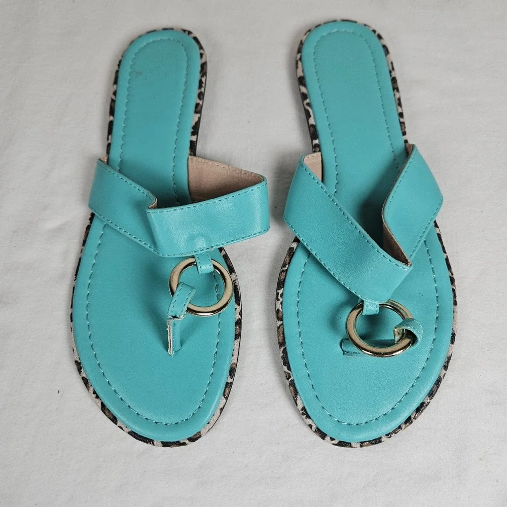 Turquoise Faux Leather Thong Sandals Gold Ring Leopard Trim Flat Slides Size 9